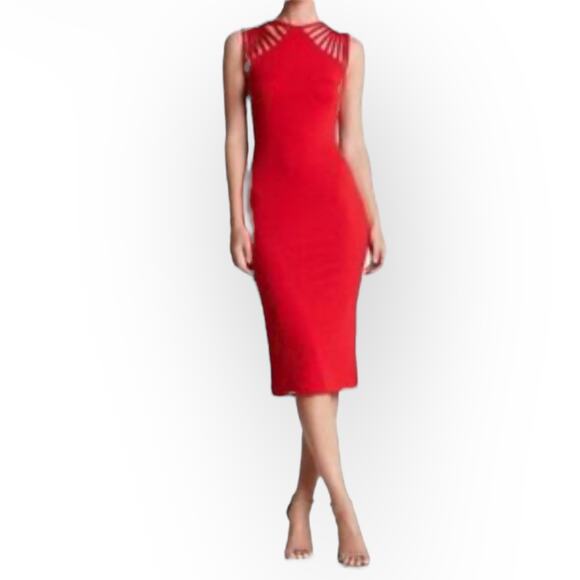 Dress The Population Gwen Midi Dress Women's Small Red Bodycon Stretch Strappy - Picture 1 of 14